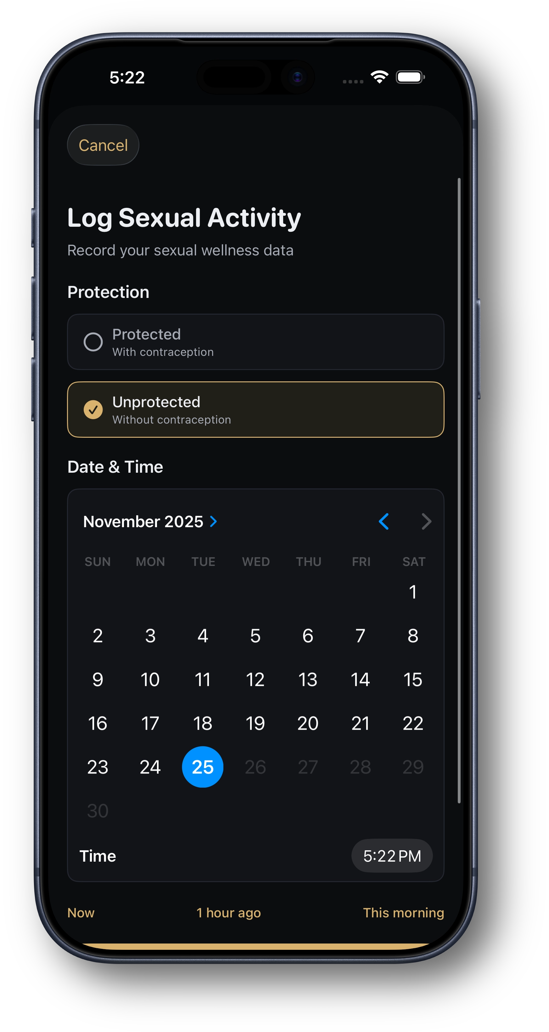 Hushwell quick log screen preview