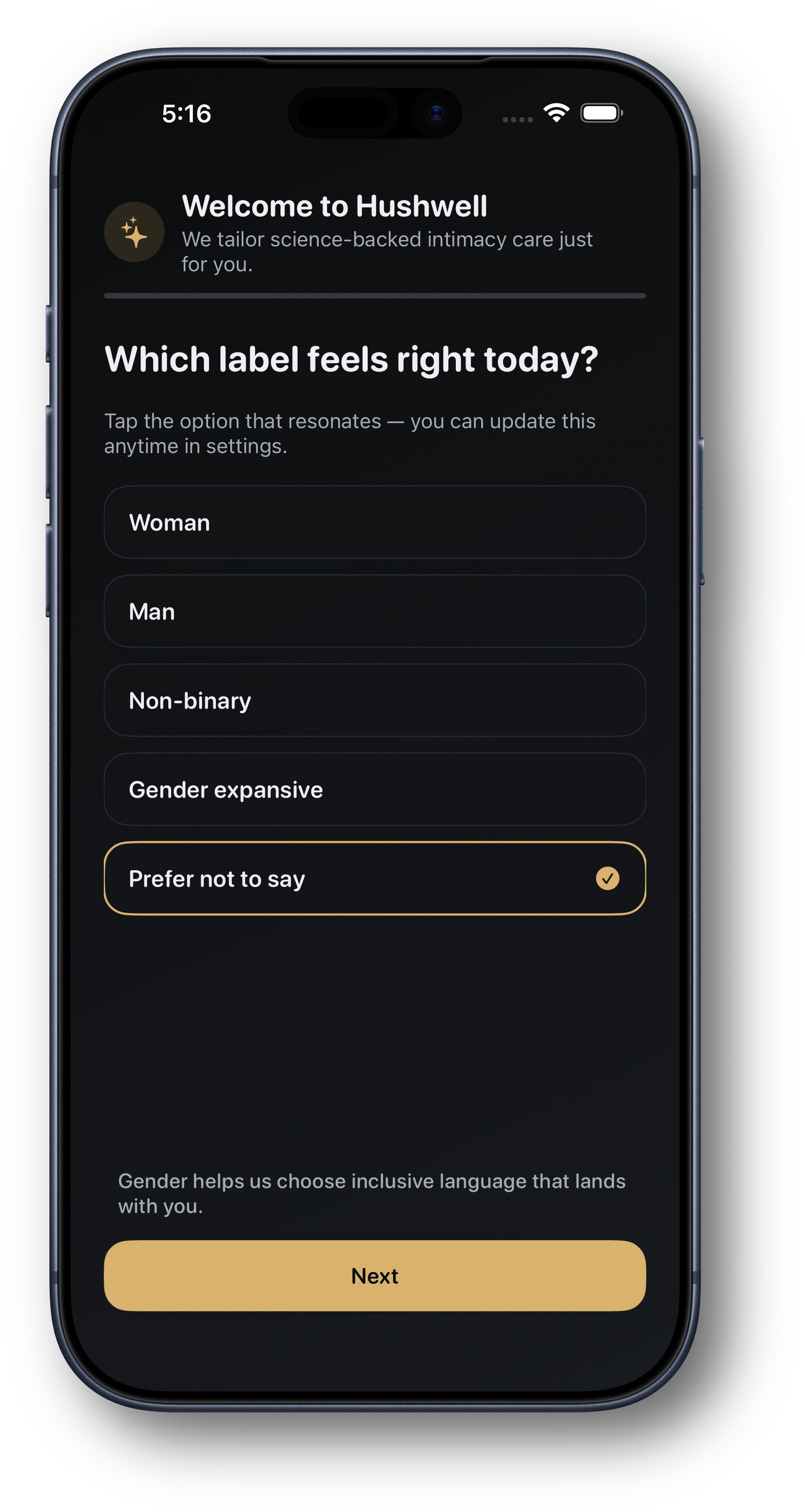 Hushwell onboarding screen with shadowed mockup